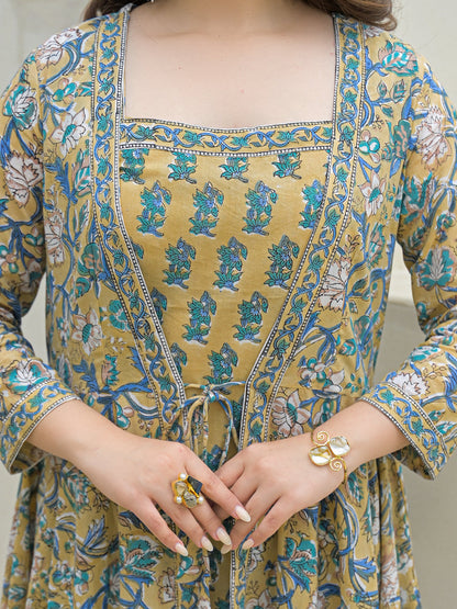 Beige Cotton Hand Block Anarkali Kurta Pant Sets Dupatta with Jecket