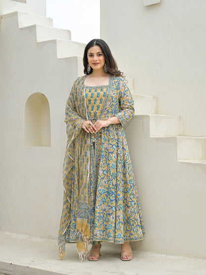 Beige Cotton Hand Block Anarkali Kurta Pant Sets Dupatta with Jecket
