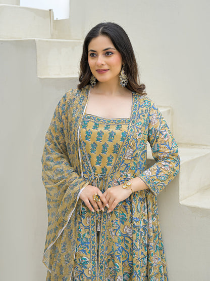 Beige Cotton Hand Block Anarkali Kurta Pant Sets Dupatta with Jecket