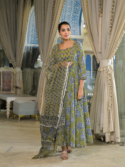 Green Hand Block Cotton Anarkali Kurta Pant With Dupatta & Jecket