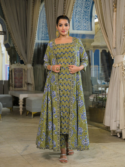 Green Hand Block Cotton Anarkali Kurta Pant With Dupatta & Jecket