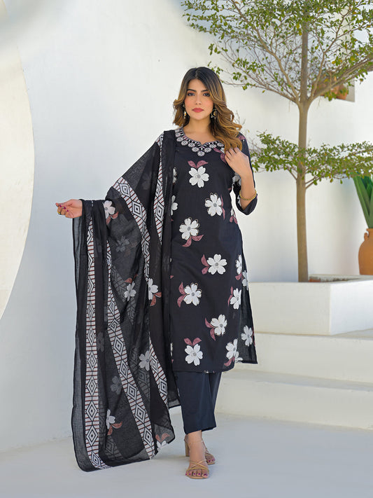 Black Round Neck Floral Cotton Straight Kurta Pant Set With Dupatta
