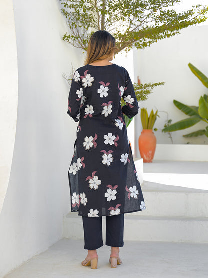 Black Round Neck Floral Cotton Straight Kurta Pant Set With Dupatta