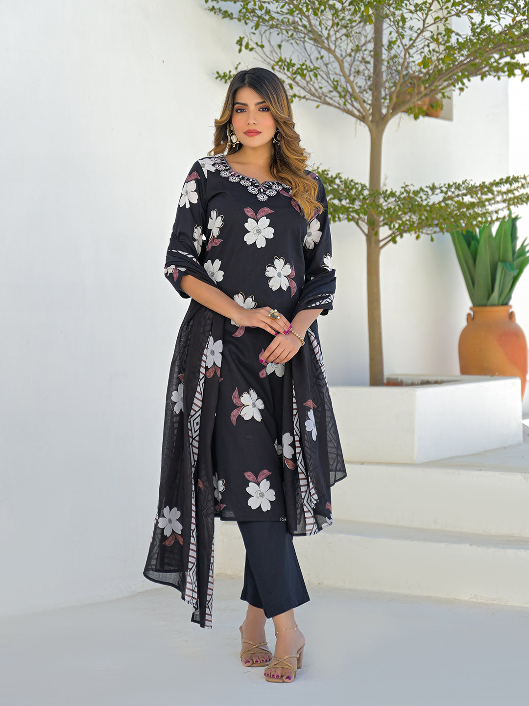 Black Round Neck Floral Cotton Straight Kurta Pant Set With Dupatta