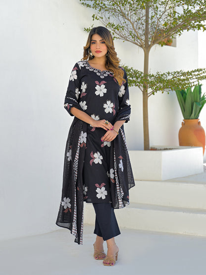 Black Round Neck Floral Cotton Straight Kurta Pant Set With Dupatta