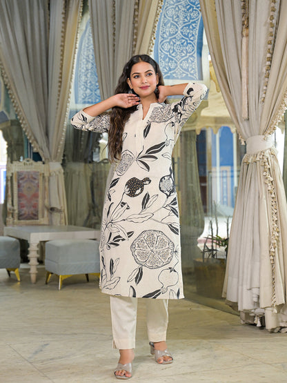 Off White Floral Print Cotton Straight Kurta Pant Sets