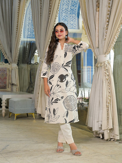 Off White Floral Print Cotton Straight Kurta Pant Sets