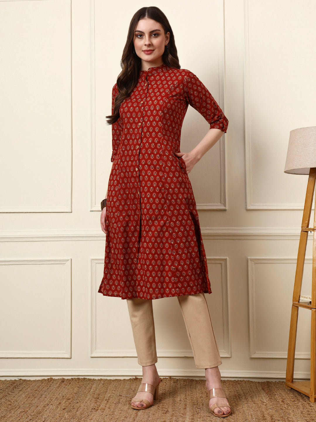 Maroon Mandarin Collar Floral Cotton A-Line Kurta