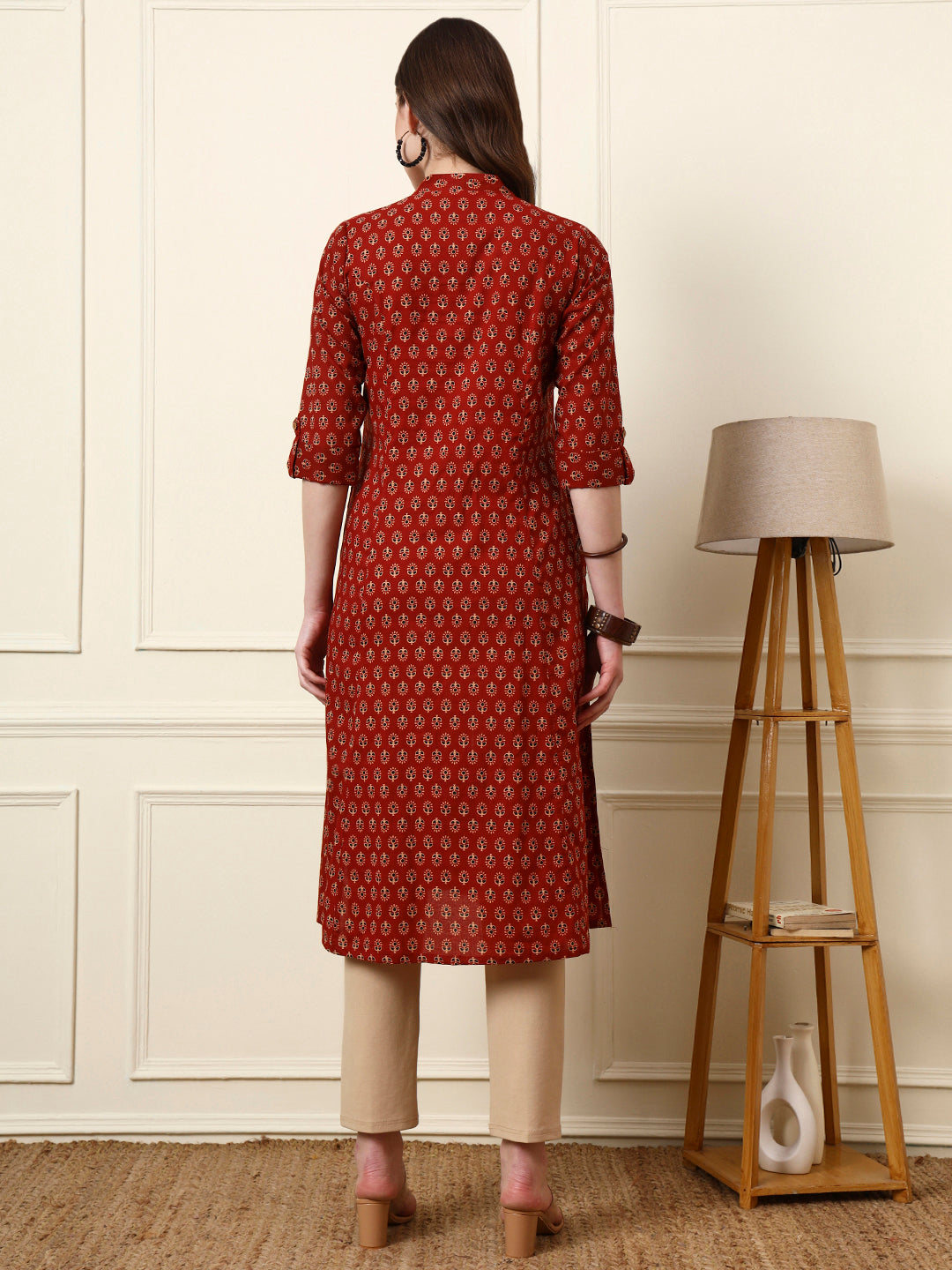 Maroon Mandarin Collar Floral Cotton A-Line Kurta