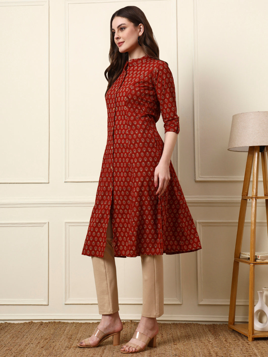 Maroon Mandarin Collar Floral Cotton A-Line Kurta