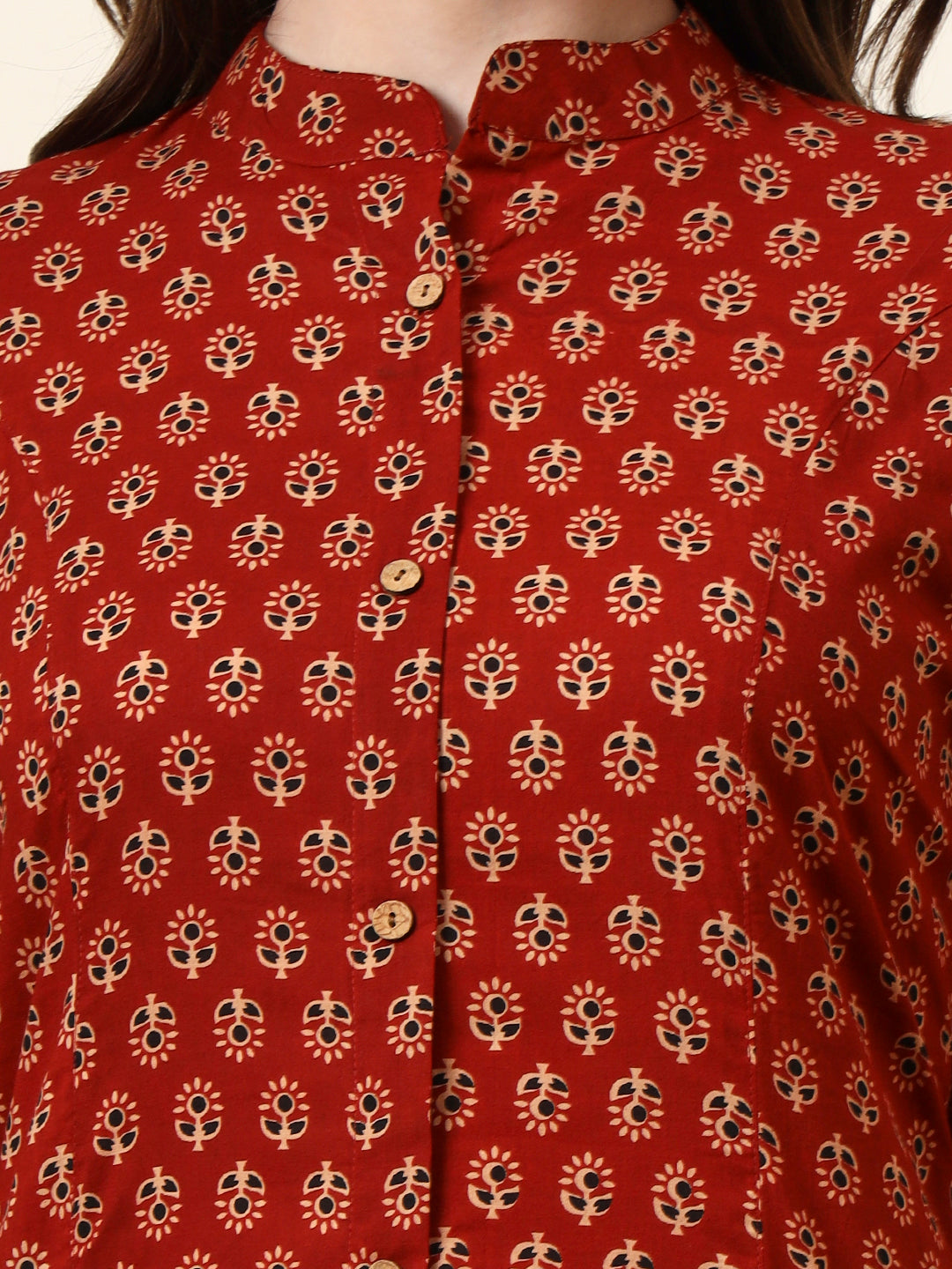 Maroon Mandarin Collar Floral Cotton A-Line Kurta