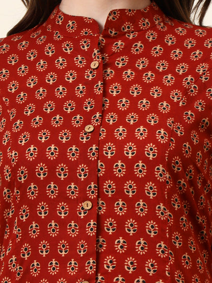 Maroon Mandarin Collar Floral Cotton A-Line Kurta