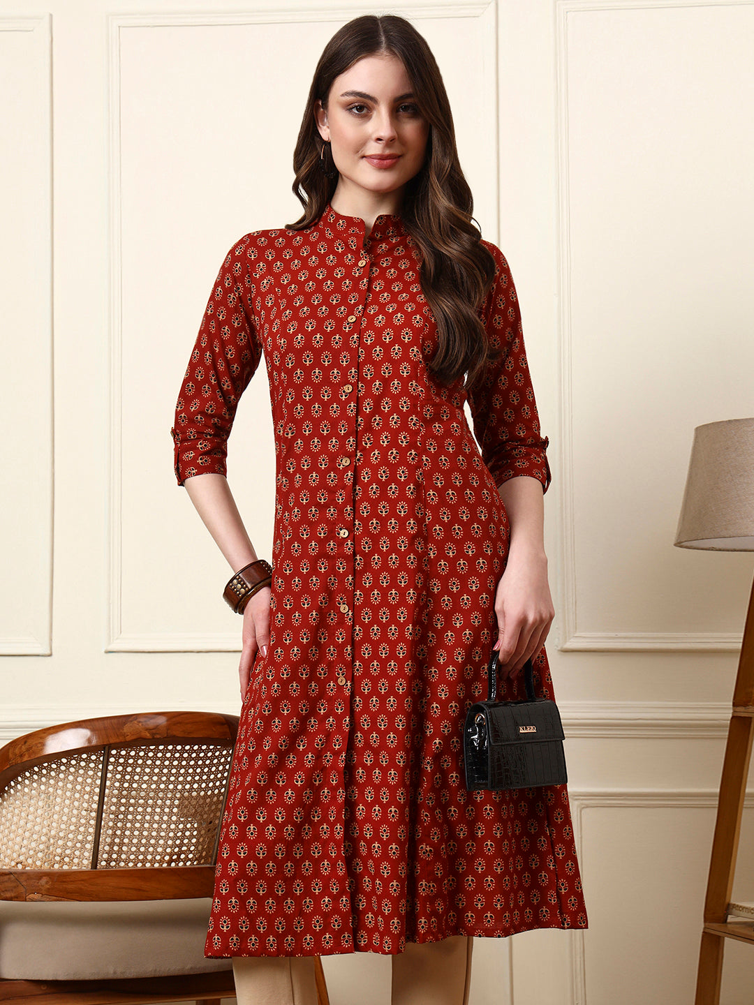 Maroon Mandarin Collar Floral Cotton A-Line Kurta