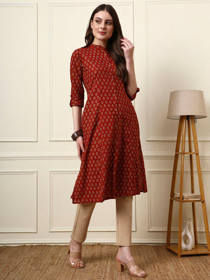 Maroon Mandarin Collar Floral Cotton A-Line Kurta