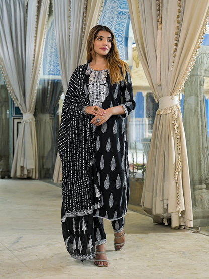 Black Embroidered Rayon Straight Kurta Pant Set With Dupatta