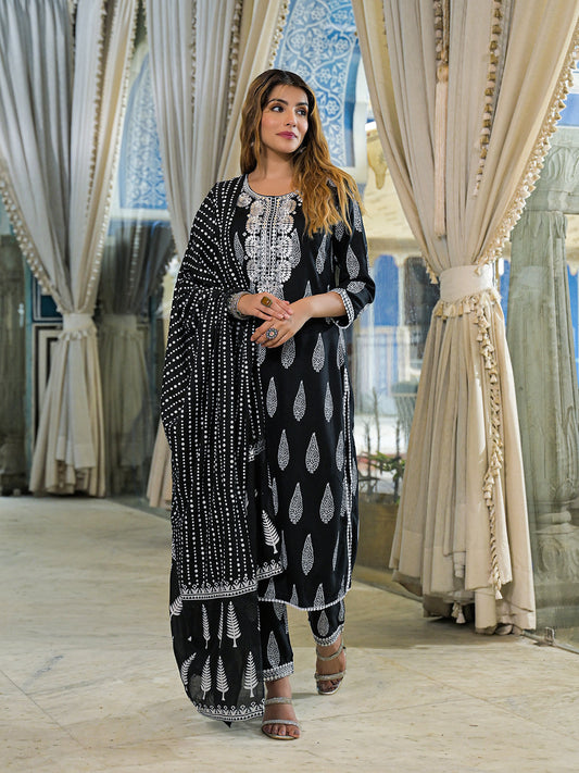 Black Embroidered Rayon Straight Kurta Pant Set With Dupatta
