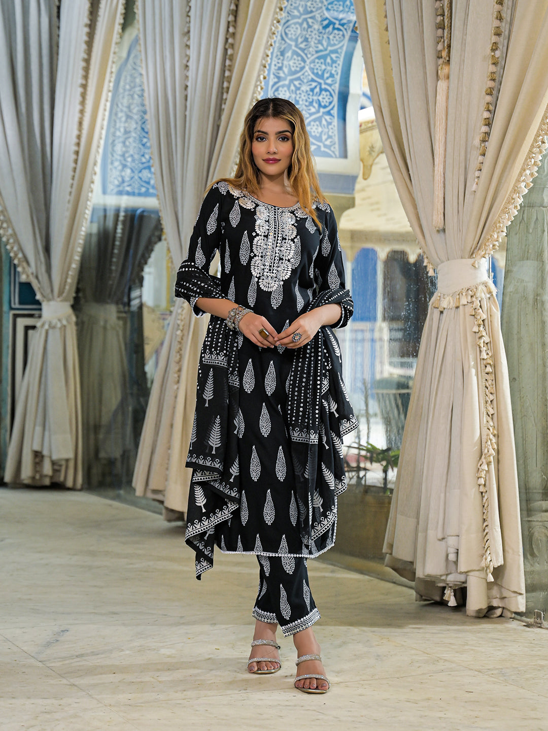 Black Embroidered Rayon Straight Kurta Pant Set With Dupatta