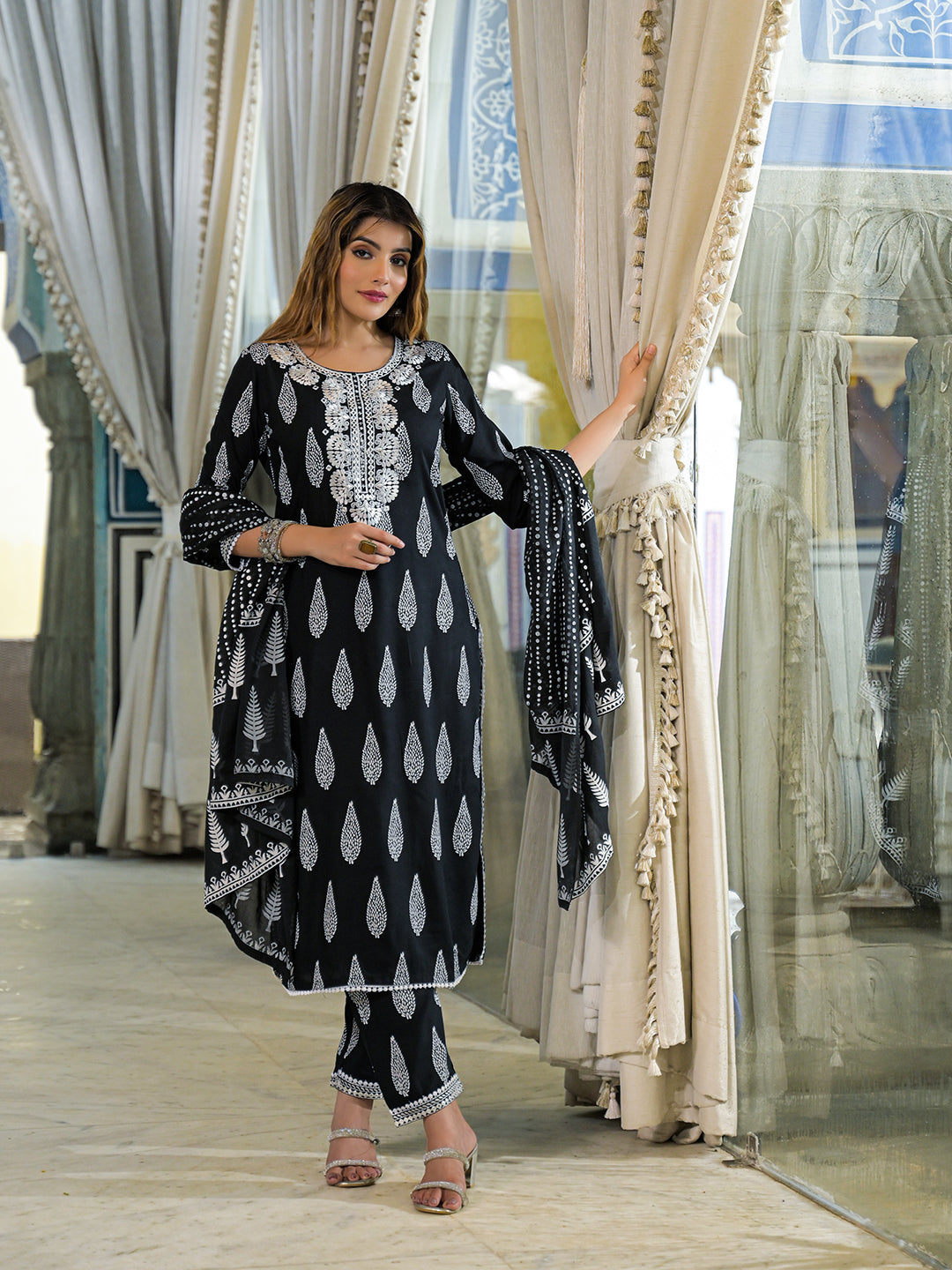 Black Embroidered Rayon Straight Kurta Pant Set With Dupatta