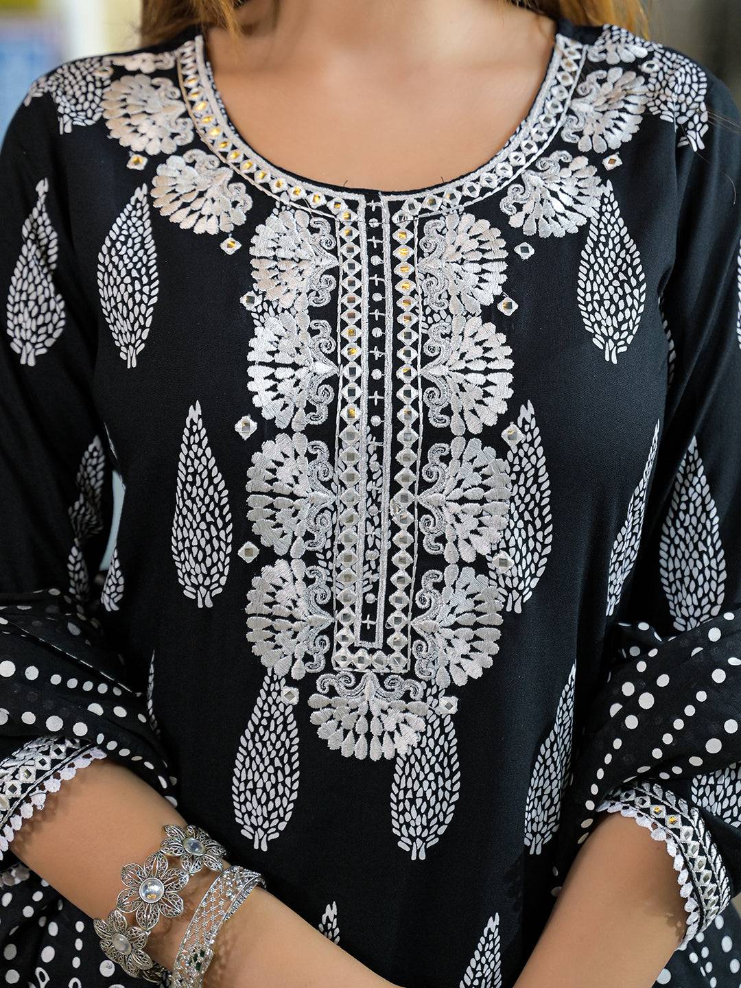 Black Embroidered Rayon Straight Kurta Pant Set With Dupatta