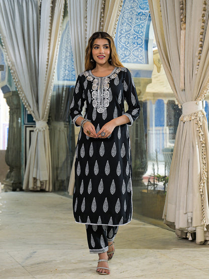 Black Embroidered Rayon Straight Kurta Pant Set With Dupatta