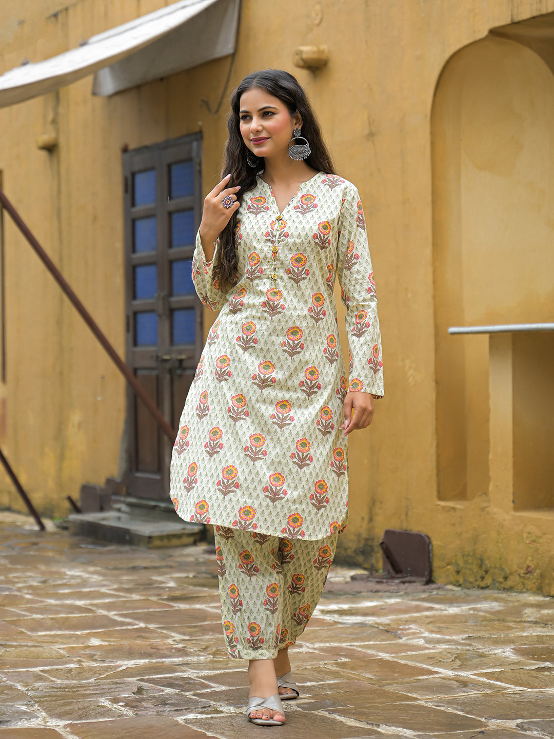Cream Floral Print Cotton Co-ords Sets