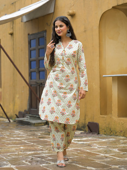 Cream Floral Print Cotton Co-ords Sets