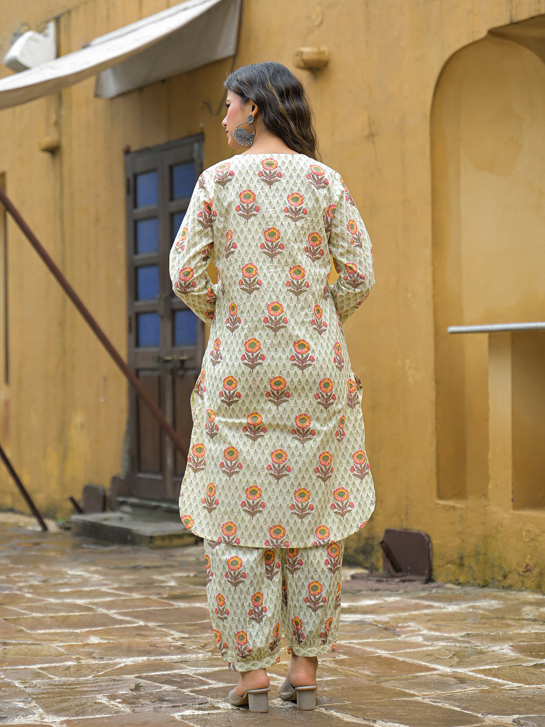 Cream Floral Print Cotton Co-ords Sets