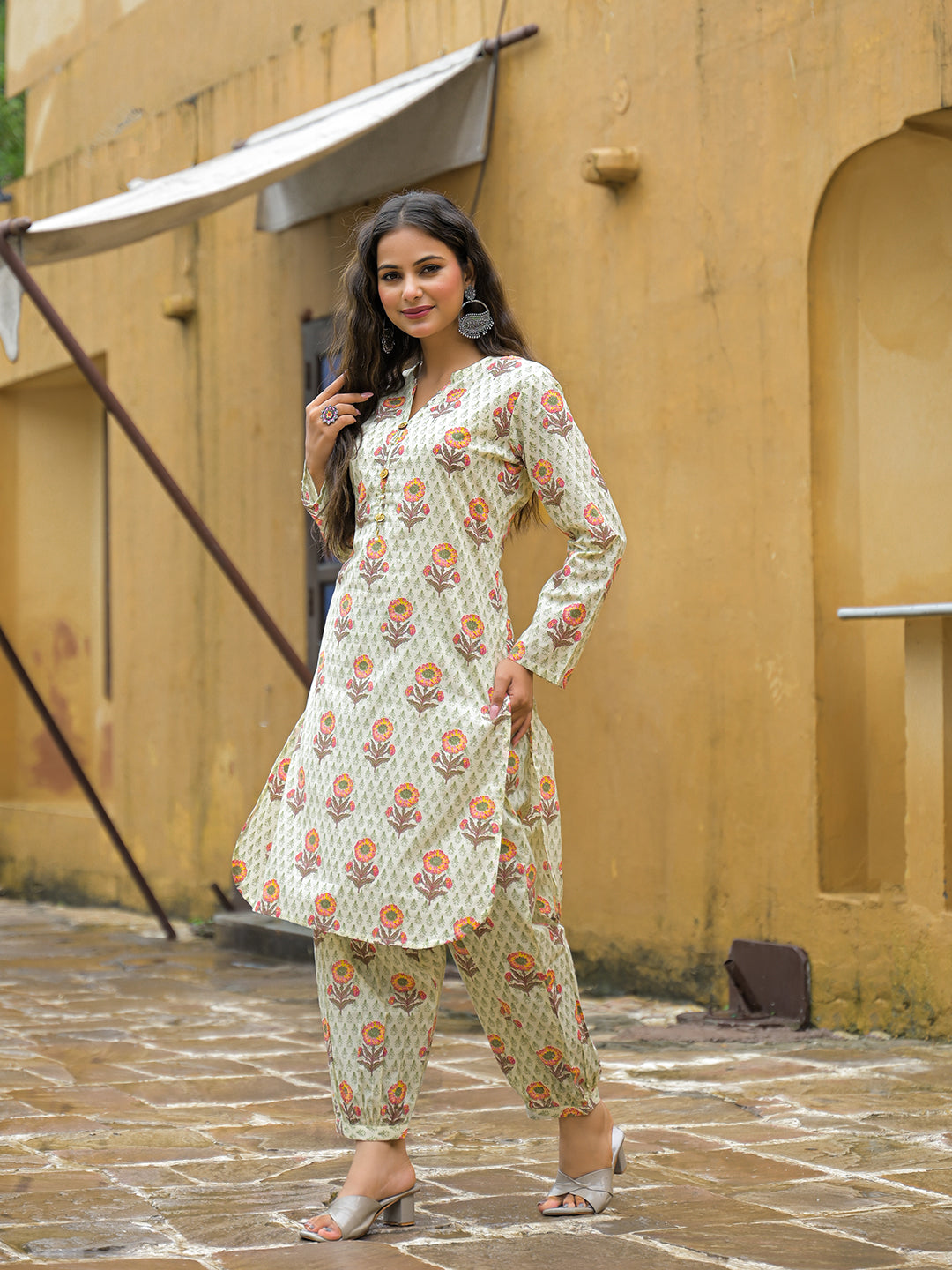Cream Floral Print Cotton Co-ords Sets