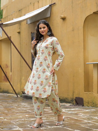Cream Floral Print Cotton Co-ords Sets
