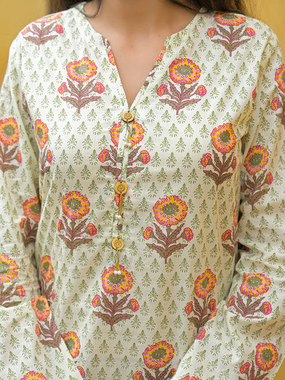 Cream Floral Print Cotton Co-ords Sets