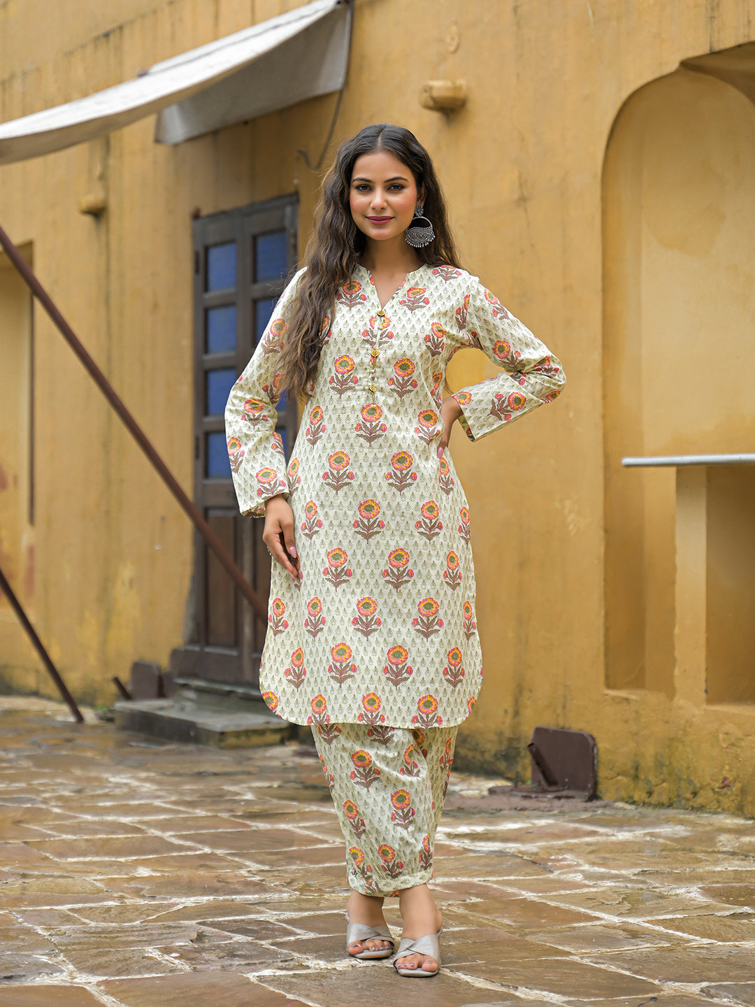 Cream Floral Print Cotton Co-ords Sets