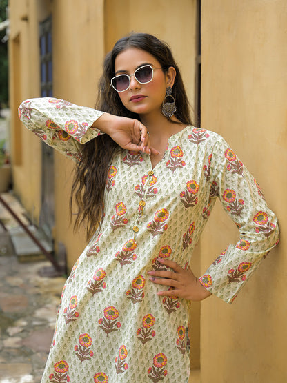 Cream Floral Print Cotton Co-ords Sets