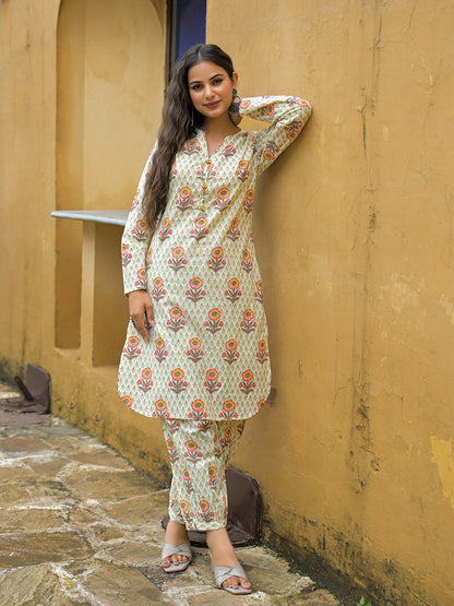Cream Floral Print Cotton Co-ords Sets