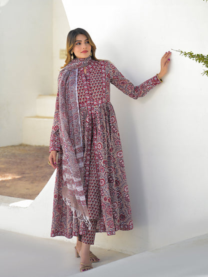 Maroon Hand Block Cotton Anarkali Kurta Pant Set With Dupatta