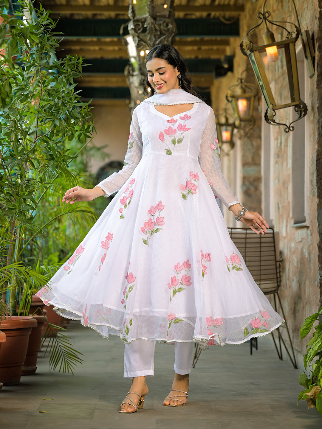 White Hand Painted Kota Doria Anarkali Kurta Sets With Dupatta