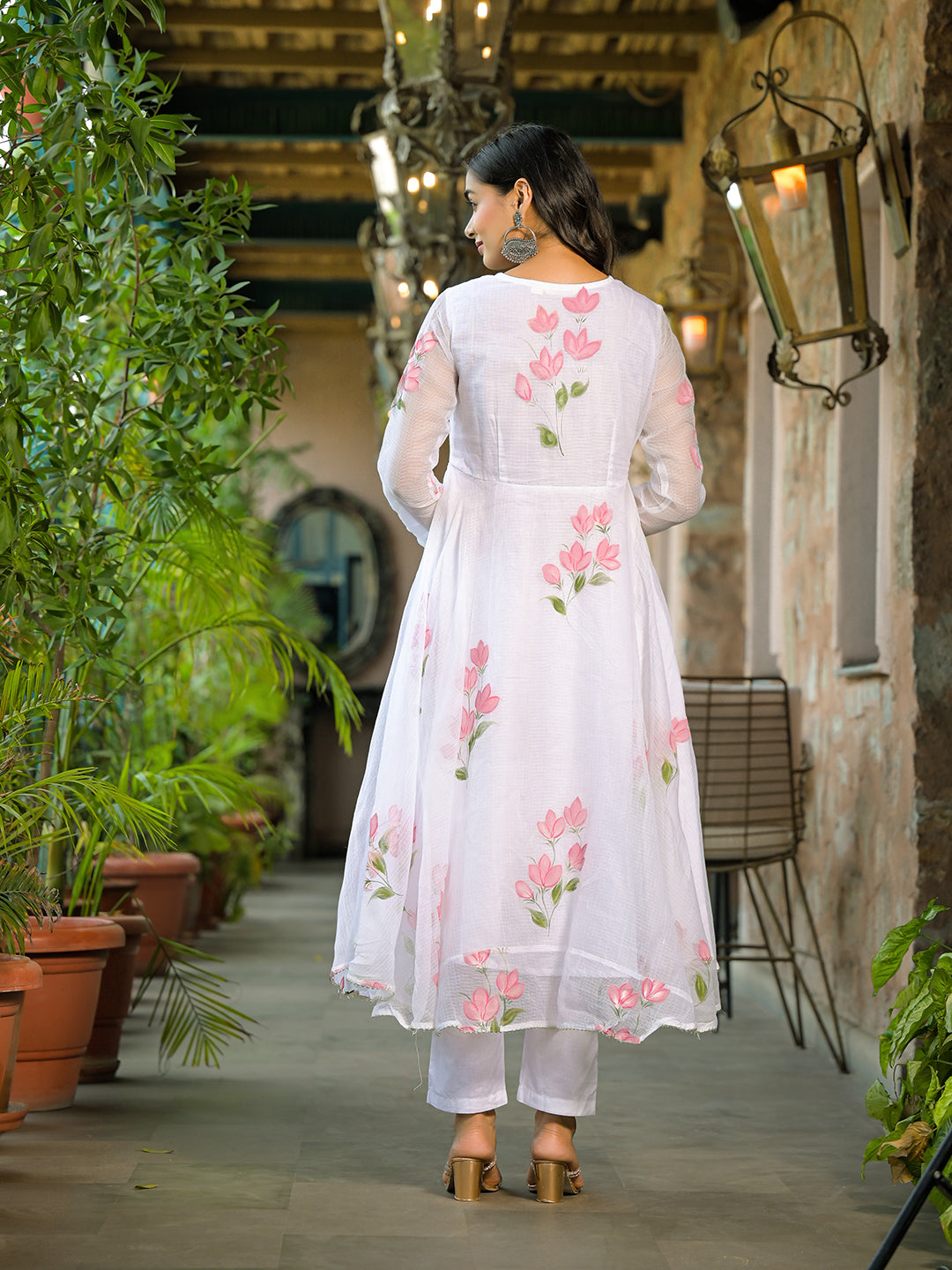 White Hand Painted Kota Doria Anarkali Kurta Sets With Dupatta