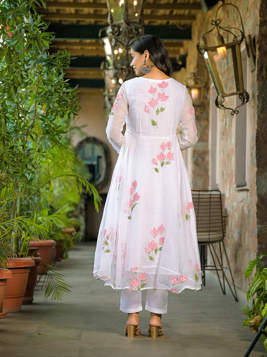 White Hand Painted Kota Doria Anarkali Kurta Sets With Dupatta
