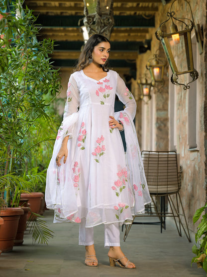 White Hand Painted Kota Doria Anarkali Kurta Sets With Dupatta