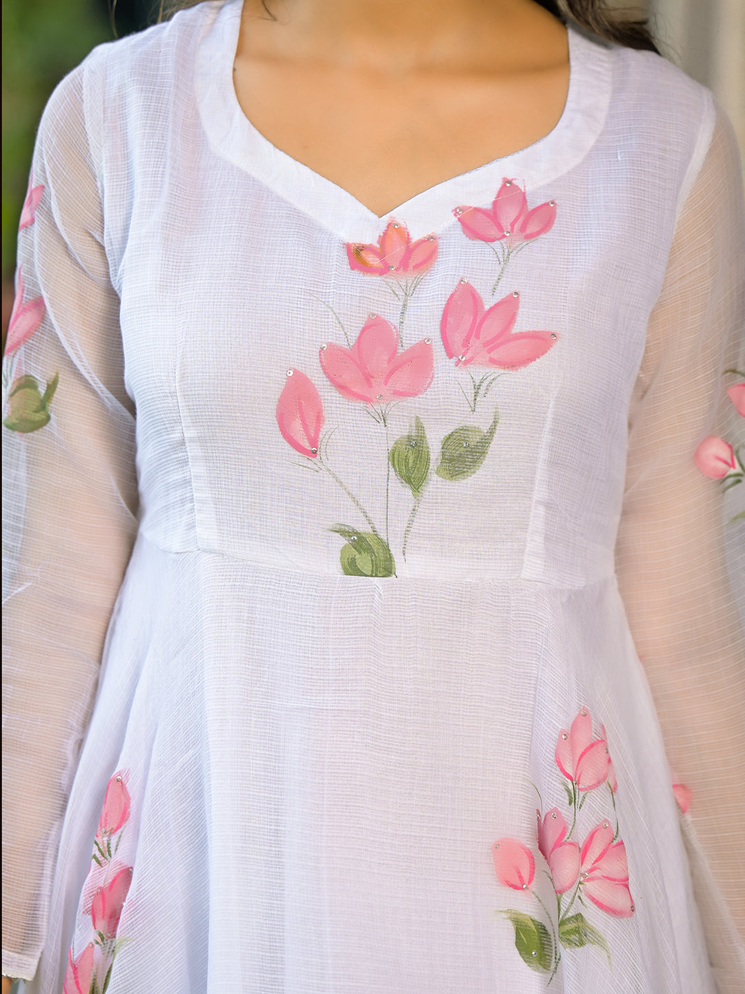 White Hand Painted Kota Doria Anarkali Kurta Sets With Dupatta