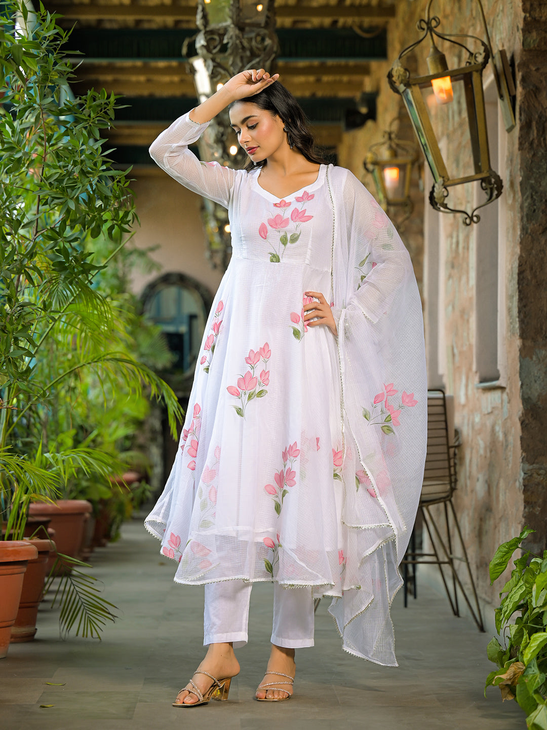 White Hand Painted Kota Doria Anarkali Kurta Sets With Dupatta