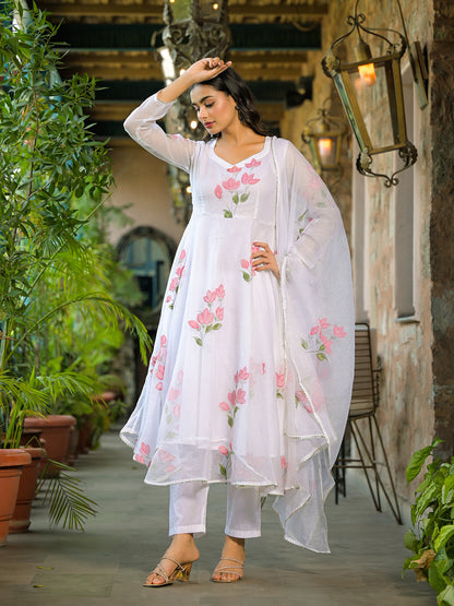 White Hand Painted Kota Doria Anarkali Kurta Sets With Dupatta