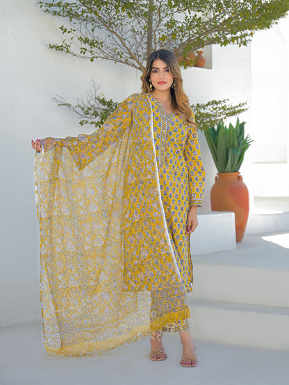 Mustard Hand Block Cotton Straight Kurta Pant Set With Dupatta
