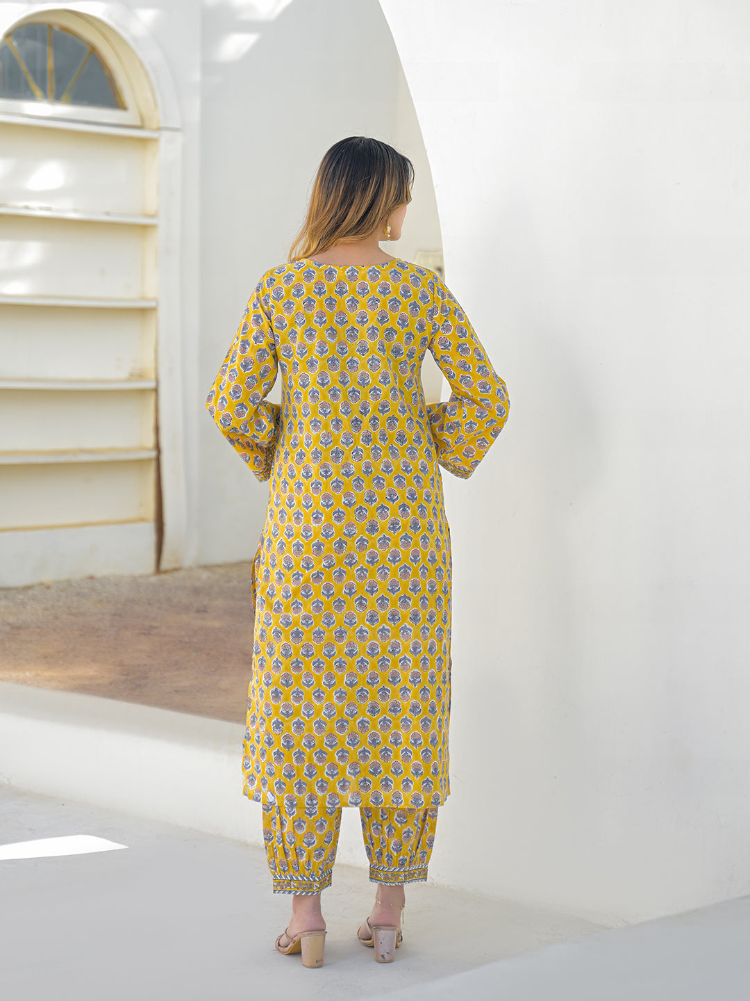 Mustard Hand Block Cotton Straight Kurta Pant Set With Dupatta
