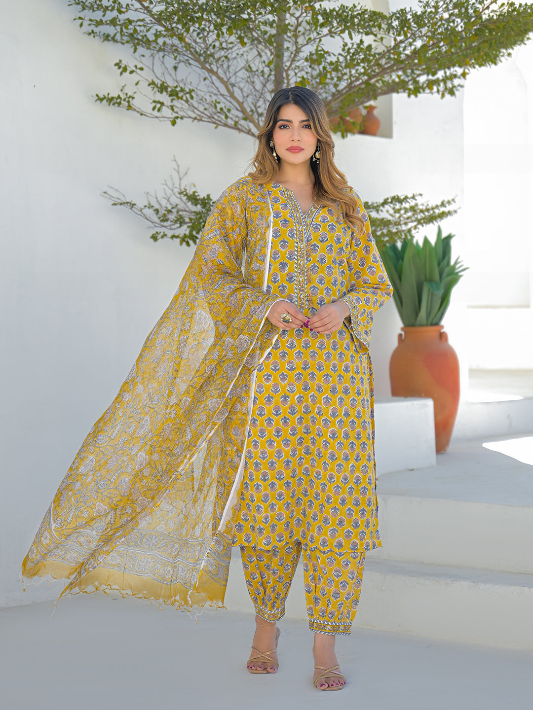 Mustard Hand Block Cotton Straight Kurta Pant Set With Dupatta
