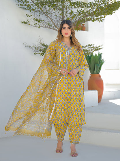 Mustard Hand Block Cotton Straight Kurta Pant Set With Dupatta