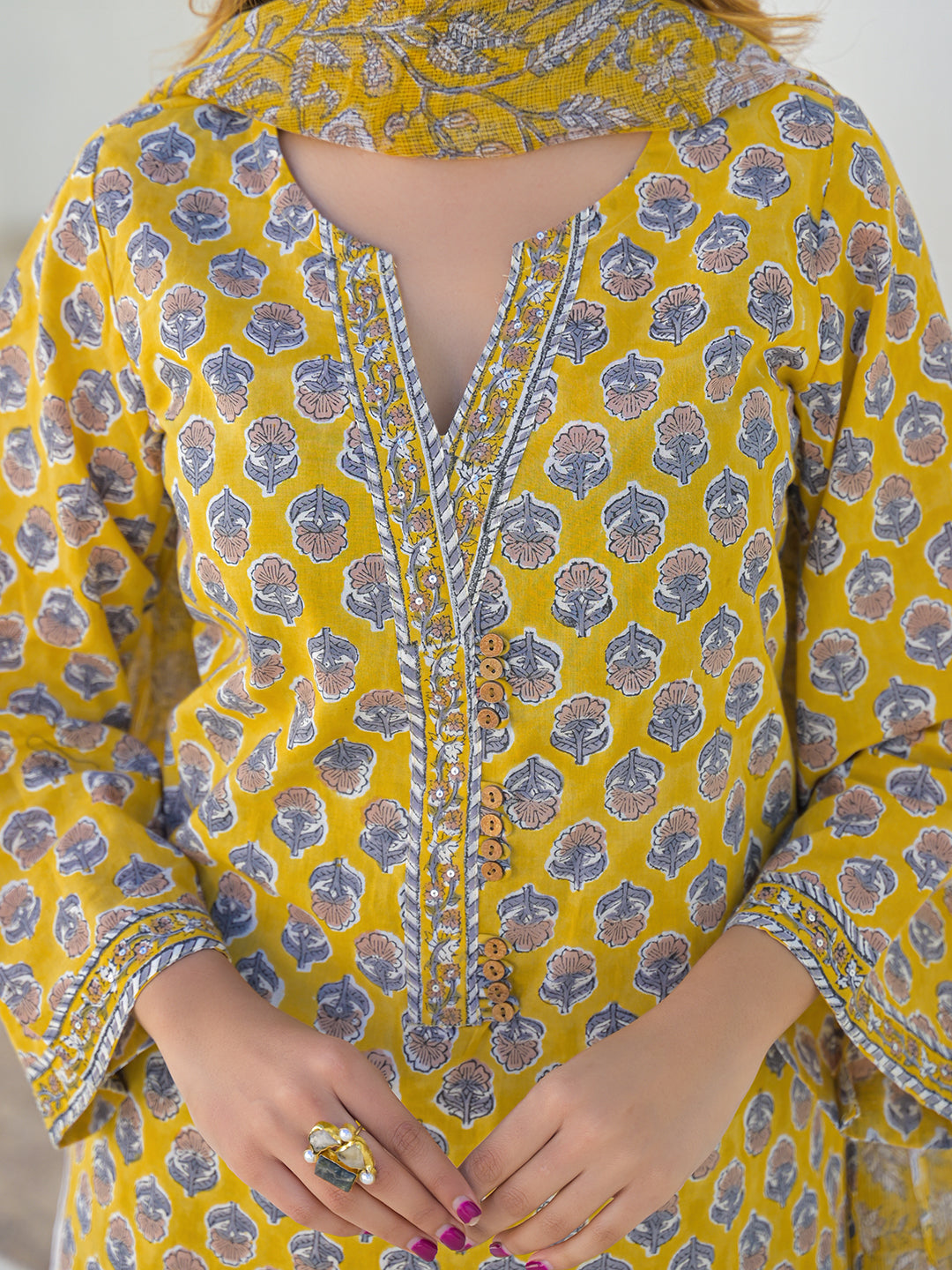 Mustard Hand Block Cotton Straight Kurta Pant Set With Dupatta