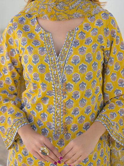 Mustard Hand Block Cotton Straight Kurta Pant Set With Dupatta