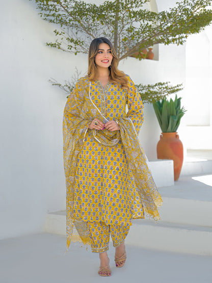 Mustard Hand Block Cotton Straight Kurta Pant Set With Dupatta