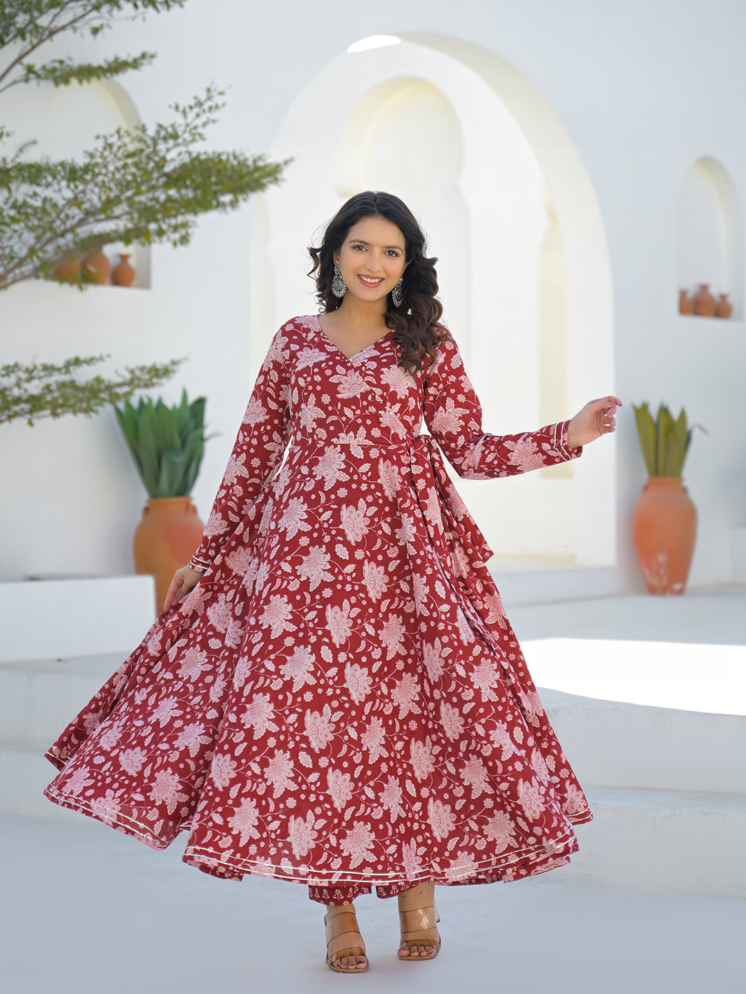 Maroon Anarkali Angrakha Floral Cotton Kurta Pant Sets