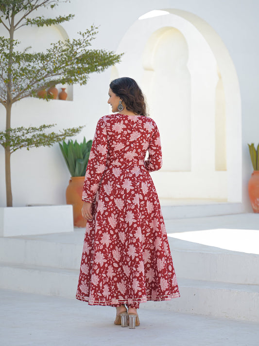 Maroon Anarkali Angrakha Floral Cotton Kurta Pant Sets